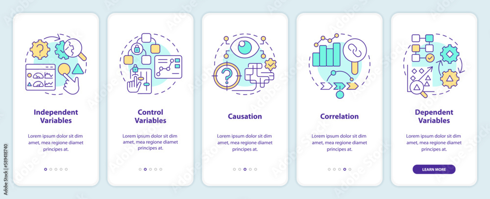 Causal research variables and principles onboarding mobile app screen. Walkthrough 5 steps editable graphic instructions with linear concepts. UI, UX, GUI template. Myriad Pro-Bold, Regular fonts used