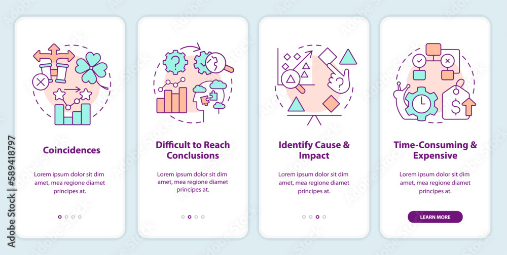 Causal research disadvantages onboarding mobile app screen. Walkthrough 5 steps editable graphic instructions with linear concepts. UI, UX, GUI template. Myriad Pro-Bold, Regular fonts used