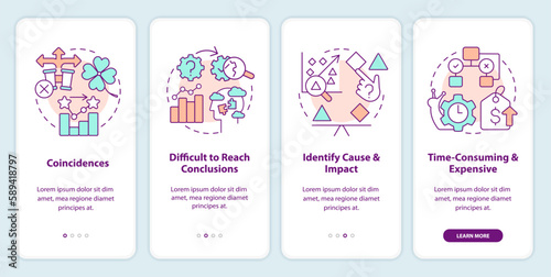 Causal research disadvantages onboarding mobile app screen. Walkthrough 5 steps editable graphic instructions with linear concepts. UI, UX, GUI template. Myriad Pro-Bold, Regular fonts used