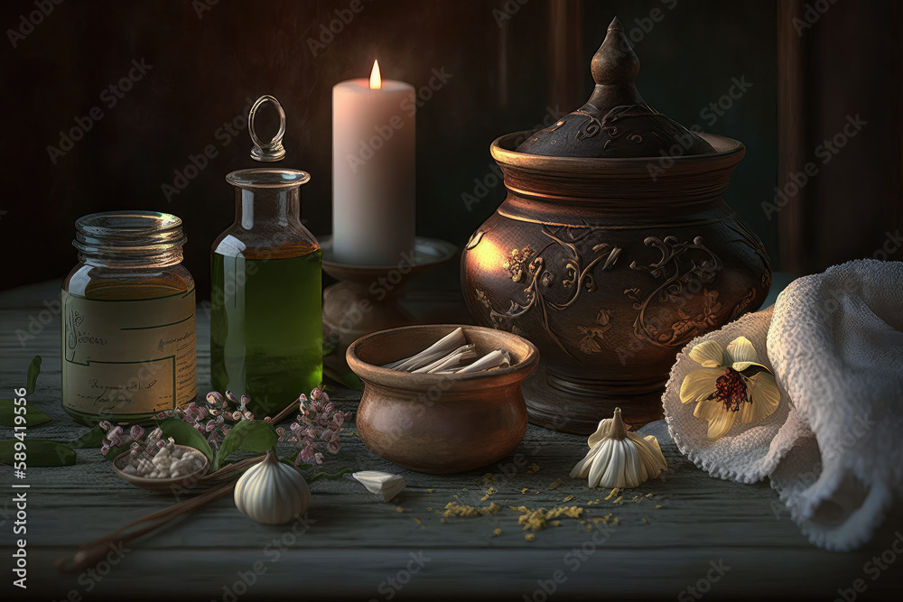 Natural organic oils and bottles of herbal cosmetics for home spa and beauty rituals. Aromatherapy candles, flowers, and crystals add to the relaxing atmosphere. Generative AI. Natural organic oils and bottles of herbal cosmetics for home spa and beauty rituals. Aromatherapy candles, flowers, and crystals add to the relaxing atmosphere. Generative AI.