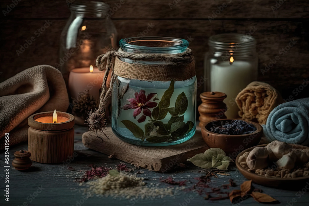Natural organic oils and bottles of herbal cosmetics for home spa and beauty rituals. Aromatherapy candles, flowers, and crystals add to the relaxing atmosphere. Generative AI.