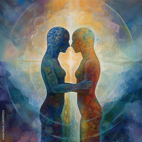 Harmonia, depicts the balance between two lovers, whose chakras align to resonate with the spiritual dimensions of love. The multilayered painting bridges the gap between the physical and metaphysical