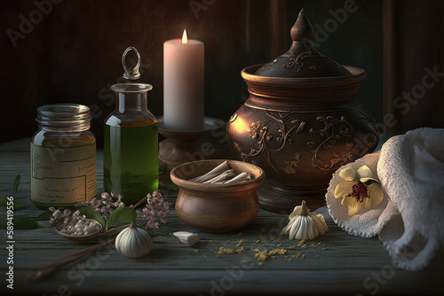 Natural organic oils and bottles of herbal cosmetics for home spa and beauty rituals. Aromatherapy candles  flowers  and crystals add to the relaxing atmosphere. Generative AI.