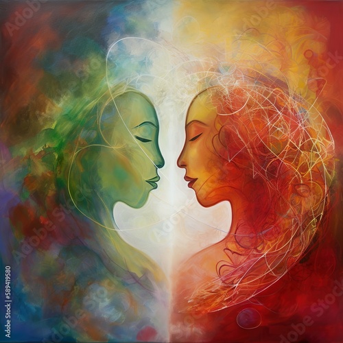 Harmonia, depicts the balance between two lovers, whose chakras align to resonate with the spiritual dimensions of love. The multilayered painting bridges the gap between the physical and metaphysical