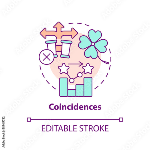 Coincidences concept icon. Accidental results. Causal research disadvantage abstract idea thin line illustration. Isolated outline drawing. Editable stroke. Arial, Myriad Pro-Bold fonts used