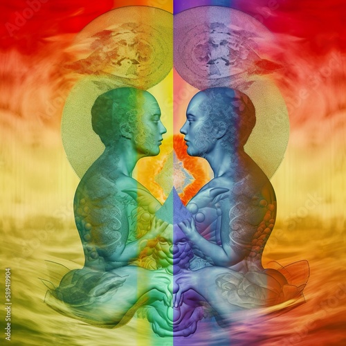 Harmonia, depicts the balance between two lovers, whose chakras align to resonate with the spiritual dimensions of love. The multilayered painting bridges the gap between the physical and metaphysical