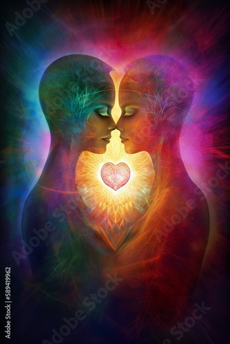 Harmonia, depicts the balance between two lovers, whose chakras align to resonate with the spiritual dimensions of love. The multilayered painting bridges the gap between the physical and metaphysical