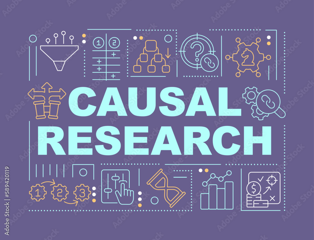 Causal research word concepts blue banner. Business study. Infographics with editable icons on color background. Isolated typography. Vector illustration with text. Arial-Black font used