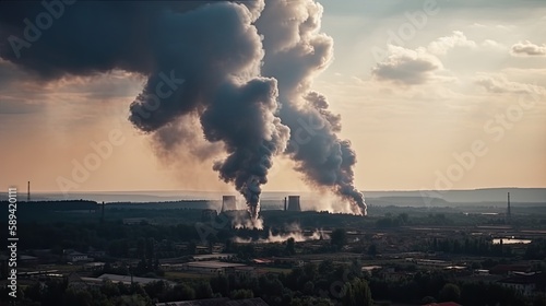 Toxic Emissions of Gases: Industrial Air Pollution from Dark Chimneys (AI Generated)