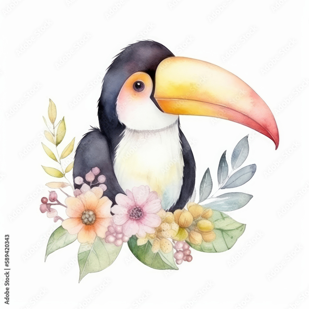 Fototapeta premium Cute watercolor toucan bird. Illustration Generative AI.