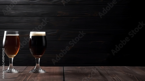 Dark beer glasses background. Illustration Generative AI