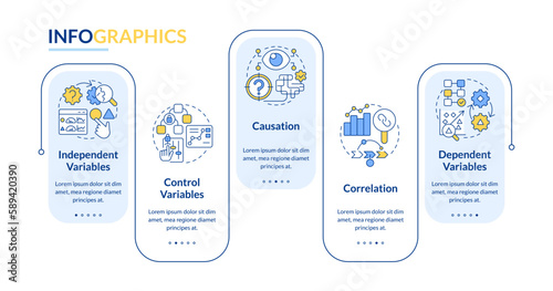 Causal research variables and principles rectangle infographic template. Data visualization with 5 steps. Editable timeline info chart. Workflow layout with line icons. Lato-Bold, Regular fonts used