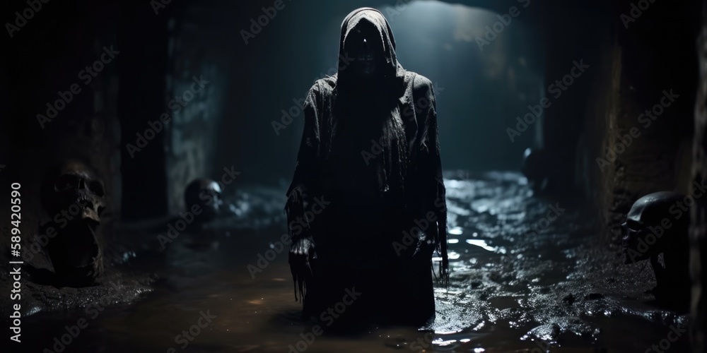 Death cult member wearing a horrific skull mask defiling the dead, rotting skeleton corpses deep underground in wet and muddy dark catacomb tomb corridors, dimly candle lit and scary - generative AI