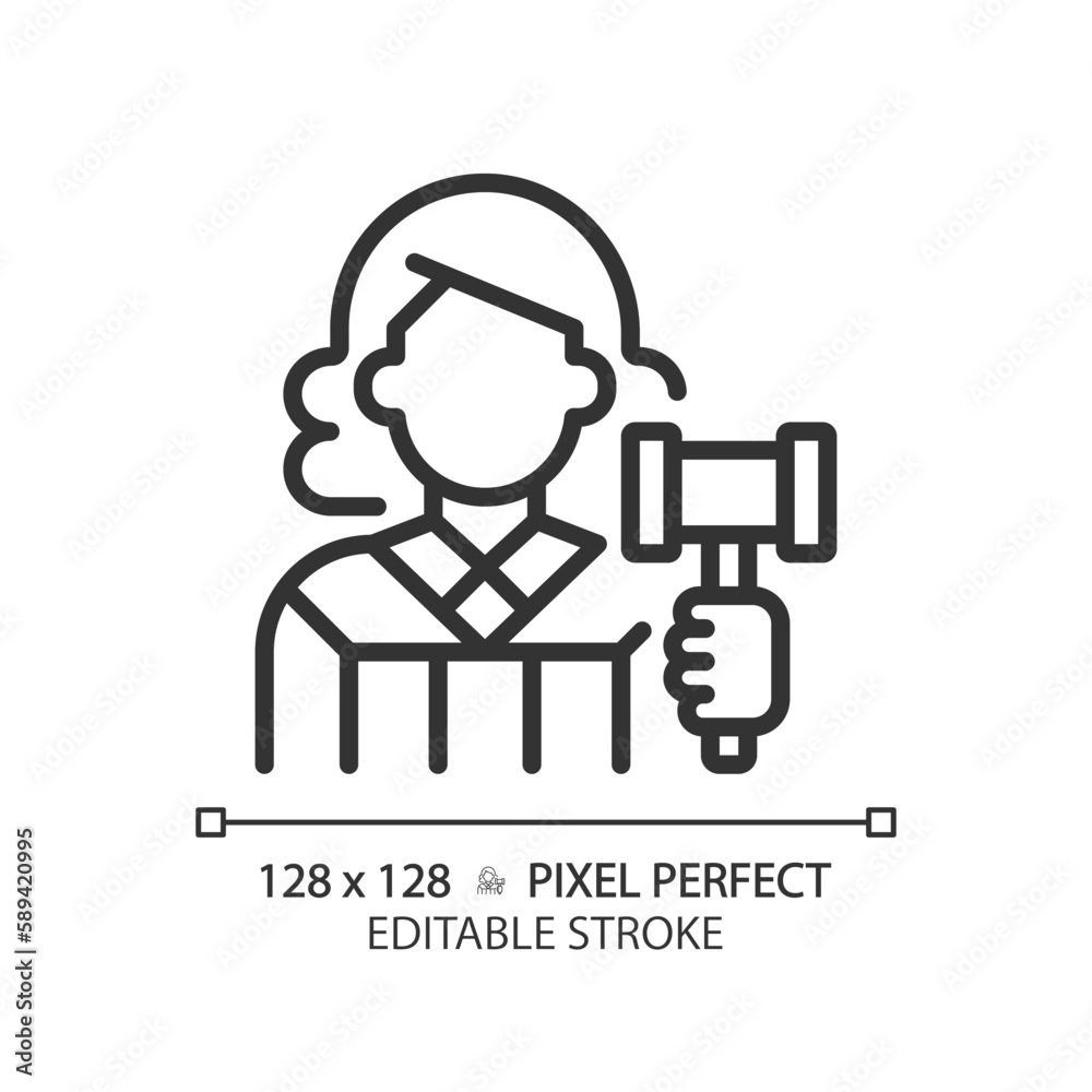 Judge pixel perfect linear icon. Case deciding in law court. Legislative system presentant. Judgement process. Thin line illustration. Contour symbol. Vector outline drawing. Editable stroke Judge pixel perfect linear icon. Case deciding in law court. Legislative system presentant. Judgement process. Thin line illustration. Contour symbol. Vector outline drawing. Editable stroke