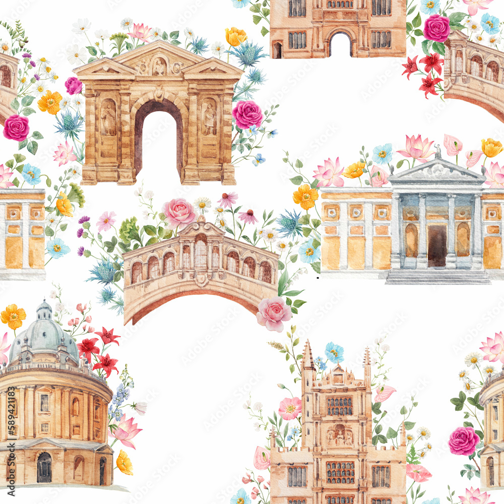 Obraz premium Beautiful seamless patrtern with watercolor hand drawn Oxford historical sites and flowers. Stock illustration.