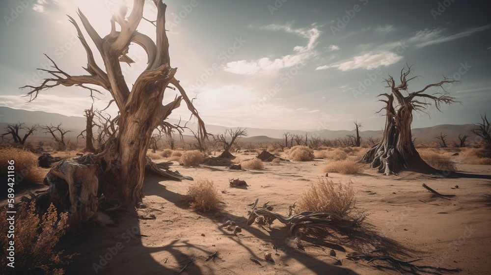 Dead trees in the Namib Desert, Namibia, Africa.Generative Ai Dead trees in the Namib Desert, Namibia, Africa.Generative Ai