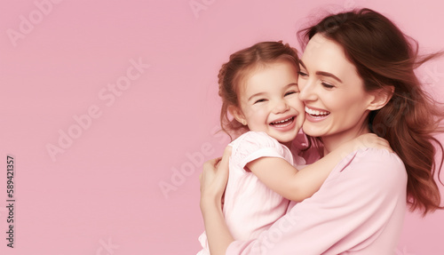 Mother and kid on pink background , Generative Ai	