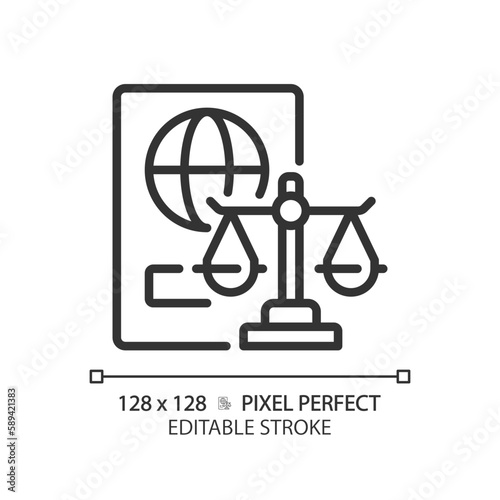 Immigration law pixel perfect linear icon. International people moving regulation. Governmental control. Thin line illustration. Contour symbol. Vector outline drawing. Editable stroke