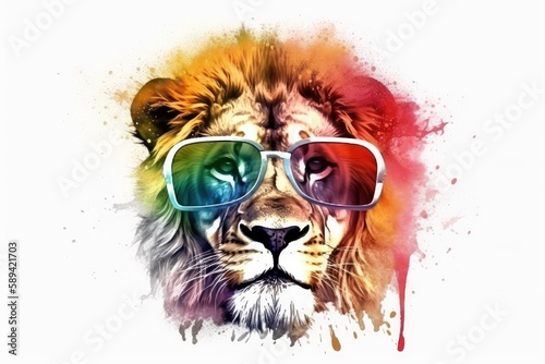 lion in sunglasses realistic with paint splatter abstract Generative AI