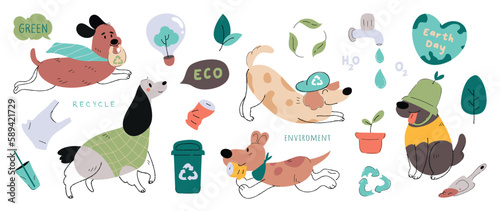 Happy Earth day concept, 22 April, cute dog vector. Save the earth with different dog breeds and recycle element. Eco friendly pet illustration design for web, banner, campaign, social media post.