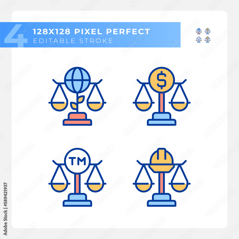 Law regulation in business and industry pixel perfect RGB color icons set. Legal protection in court. Isolated vector illustrations. Simple filled line drawings collection. Editable stroke Law regulation in business and industry pixel perfect RGB color icons set. Legal protection in court. Isolated vector illustrations. Simple filled line drawings collection. Editable stroke