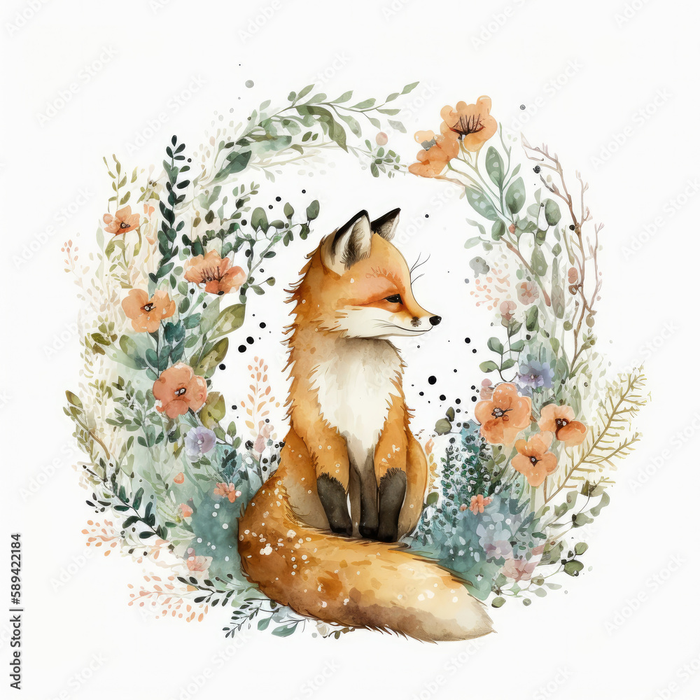Fototapeta premium Cute watercolor fox. Illustration AI Generative