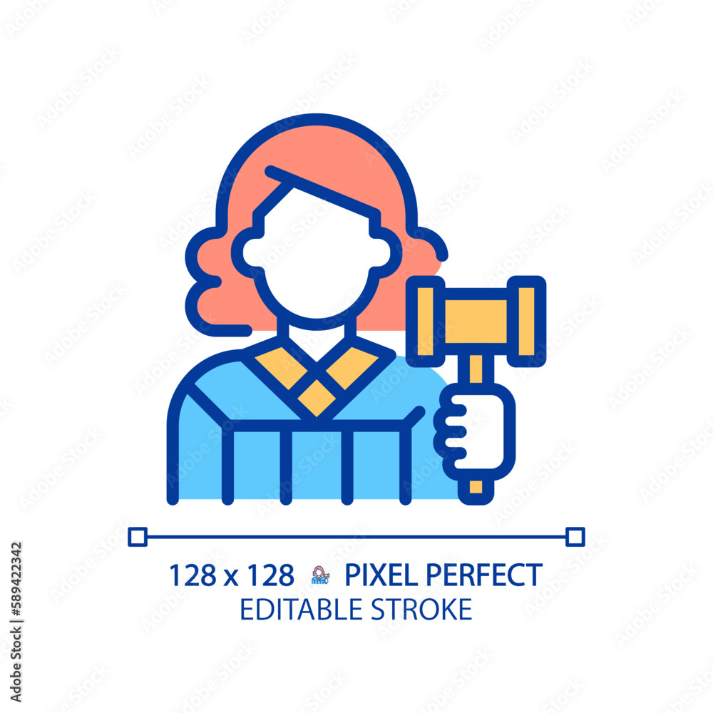 Judge pixel perfect RGB color icon. Case deciding in law court. Legislative system presentant. Judgement process. Isolated vector illustration. Simple filled line drawing. Editable stroke