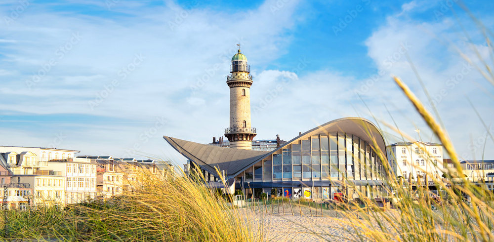 Banner with lighthouse in Warnemunde Rostock. Germany baltic sea vacation and travel destinations. Copy space for text