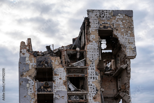 destroyed and burned houses in the city Russia Ukraine war photo