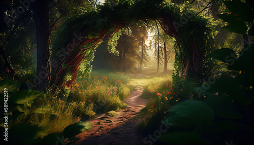 Summer forest background. Illustration AI Generative.
