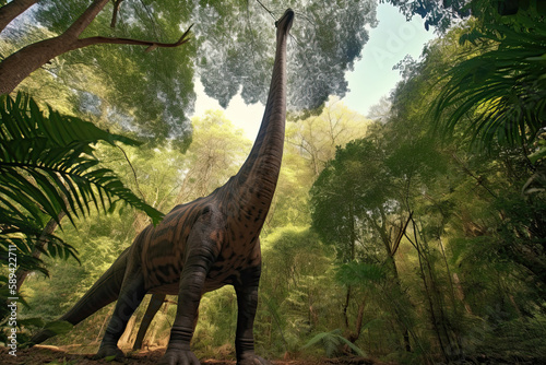 Brachiosaurus stretching its long neck to reach leaves from a tall tree. Generative AI © Kanisorn