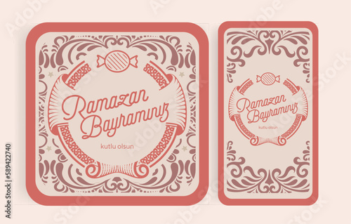 Holy Month of Muslim Community Ramadan Kareem, Feast of the Sacrifice greeting card, social media template, poster.(Turkish translation: Ramazan Bayramınız kutlu olsun. Kurban Bayramınız kutlu olsun.)