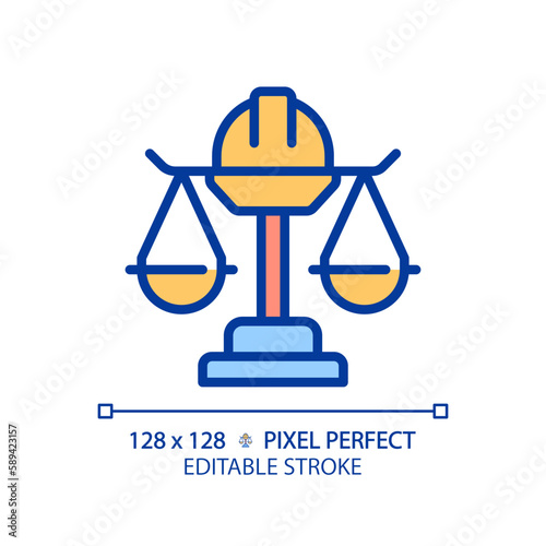 Labour law pixel perfect RGB color icon. Employee rights protection. Work relations legal regulation. Worker safety. Isolated vector illustration. Simple filled line drawing. Editable stroke