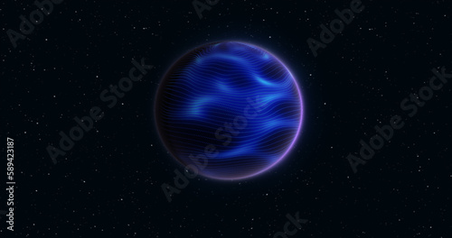 Abstract realistic space spinning planet round sphere with a blue water surface in space against the background of stars