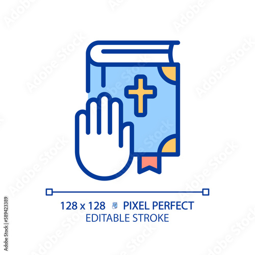 Oath on Bible in law court pixel perfect RGB color icon. Religious ritual in judgement. Promise of witness to tell truth. Isolated vector illustration. Simple filled line drawing. Editable stroke