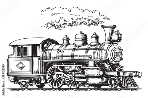 Retro steam locomotive on white background hand drawn sketch in doodle style illustration