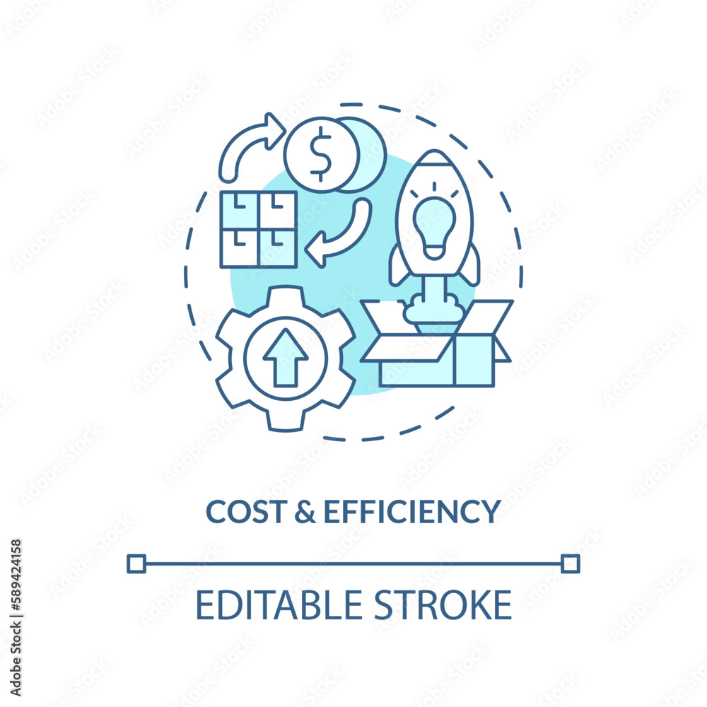 Cost and efficiency turquoise concept icon. SMED benefit. Quick changeover abstract idea thin line illustration. Isolated outline drawing. Editable stroke. Arial, Myriad Pro-Bold fonts used Cost and efficiency turquoise concept icon. SMED benefit. Quick changeover abstract idea thin line illustration. Isolated outline drawing. Editable stroke. Arial, Myriad Pro-Bold fonts used