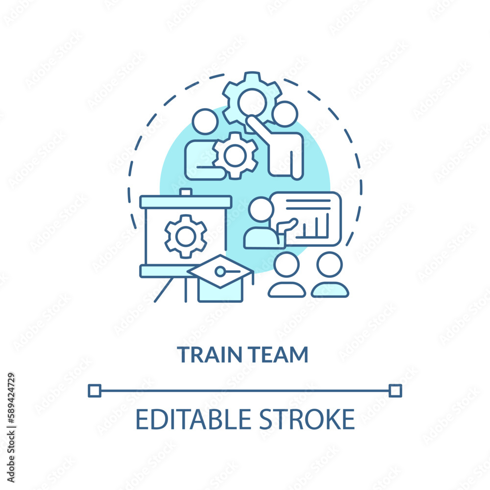Train team turquoise concept icon. Increase productivity. Coaching employees abstract idea thin line illustration. Isolated outline drawing. Editable stroke. Arial, Myriad Pro-Bold fonts used Train team turquoise concept icon. Increase productivity. Coaching employees abstract idea thin line illustration. Isolated outline drawing. Editable stroke. Arial, Myriad Pro-Bold fonts used
