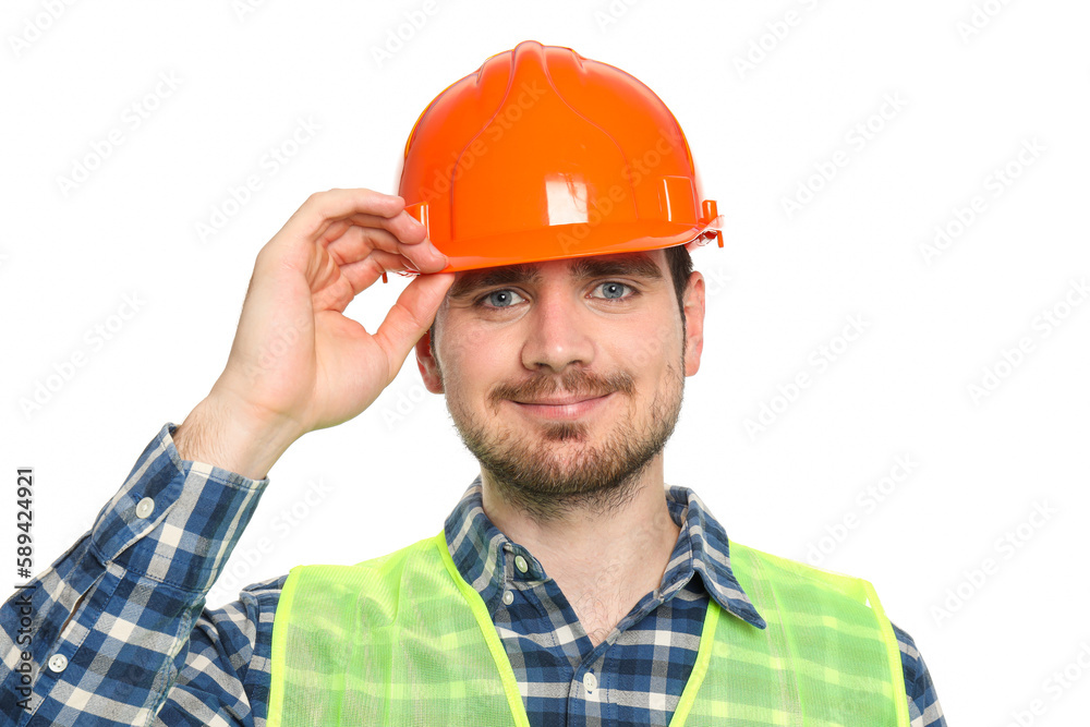 Young man civil engineer in safety hat isolated on white background