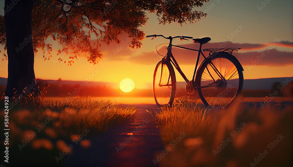 Obraz premium The bike stands on the field during sunset. Generative AI