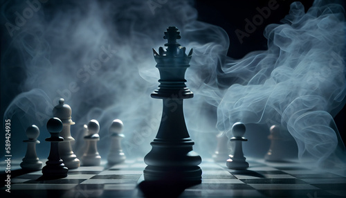 Chess pieces on a board with smoke. Generative AI