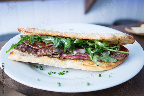 Delicious healthy beefsteak sandwich with vegetables