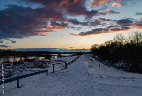 Bug river, winter sunset, Mazovia, central Poland