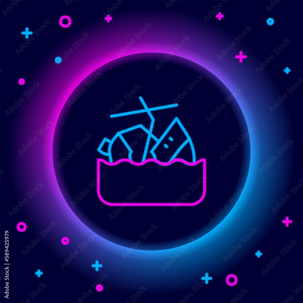 Glowing neon line Sinking cruise ship icon isolated on black background. Travel tourism nautical transport. Voyage passenger ship, cruise liner. Colorful outline concept. Vector Glowing neon line Sinking cruise ship icon isolated on black background. Travel tourism nautical transport. Voyage passenger ship, cruise liner. Colorful outline concept. Vector