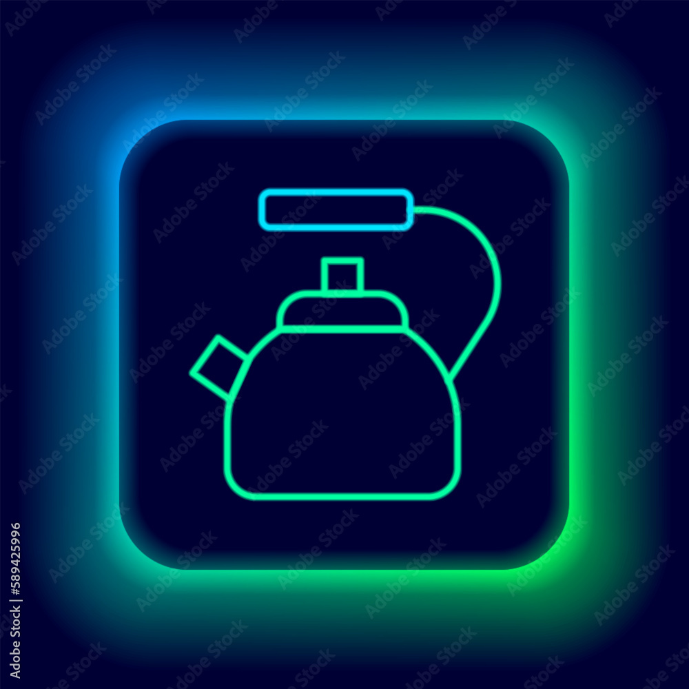 Obraz premium Glowing neon line Kettle with handle icon isolated on black background. Teapot icon. Colorful outline concept. Vector