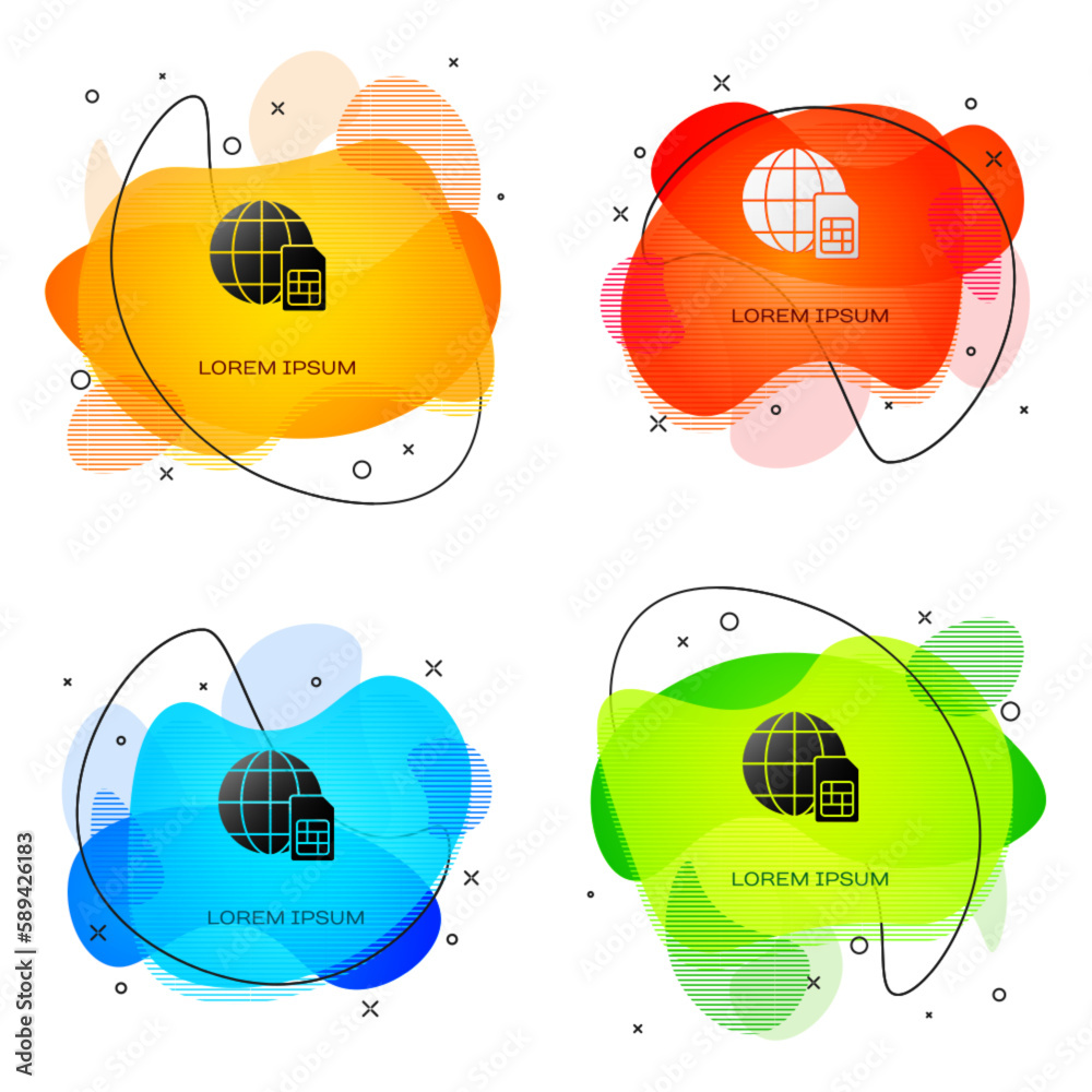 Black Globe 5G Sim Card icon isolated on white background. Mobile and wireless communication technologies. Network chip electronic connection. Abstract banner with liquid shapes. Vector