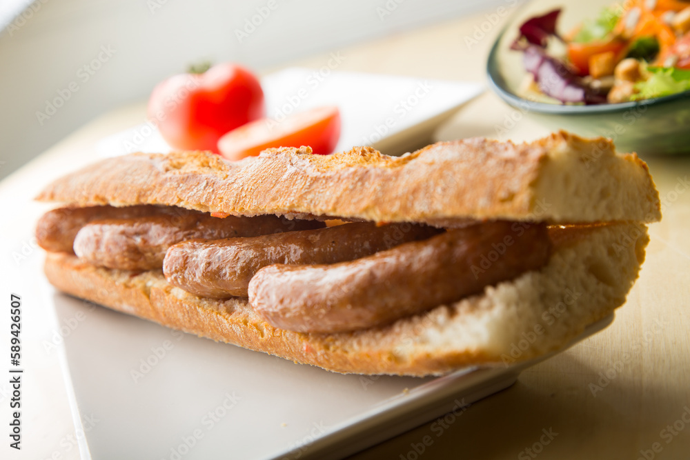 Hot dog Delicious sandwich with pork sausage. Frankfurt style. 