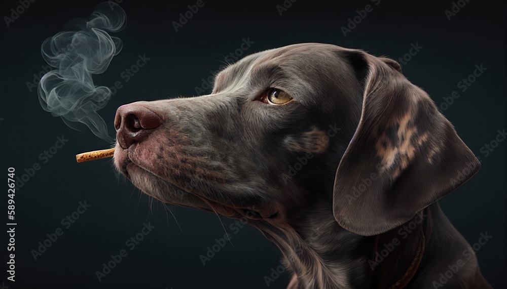 Serious dog in the smoke on dark blackground by Generative AI