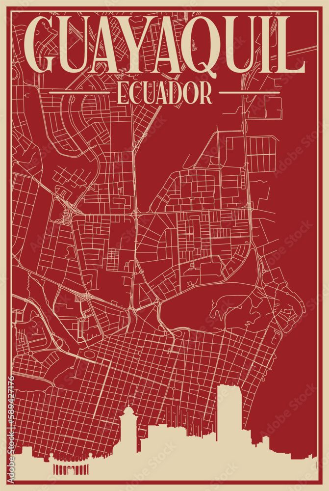 Colorful hand-drawn framed poster of the downtown GUAYAQUIL, ECUADOR with highlighted vintage city skyline and lettering Colorful hand-drawn framed poster of the downtown GUAYAQUIL, ECUADOR with highlighted vintage city skyline and lettering