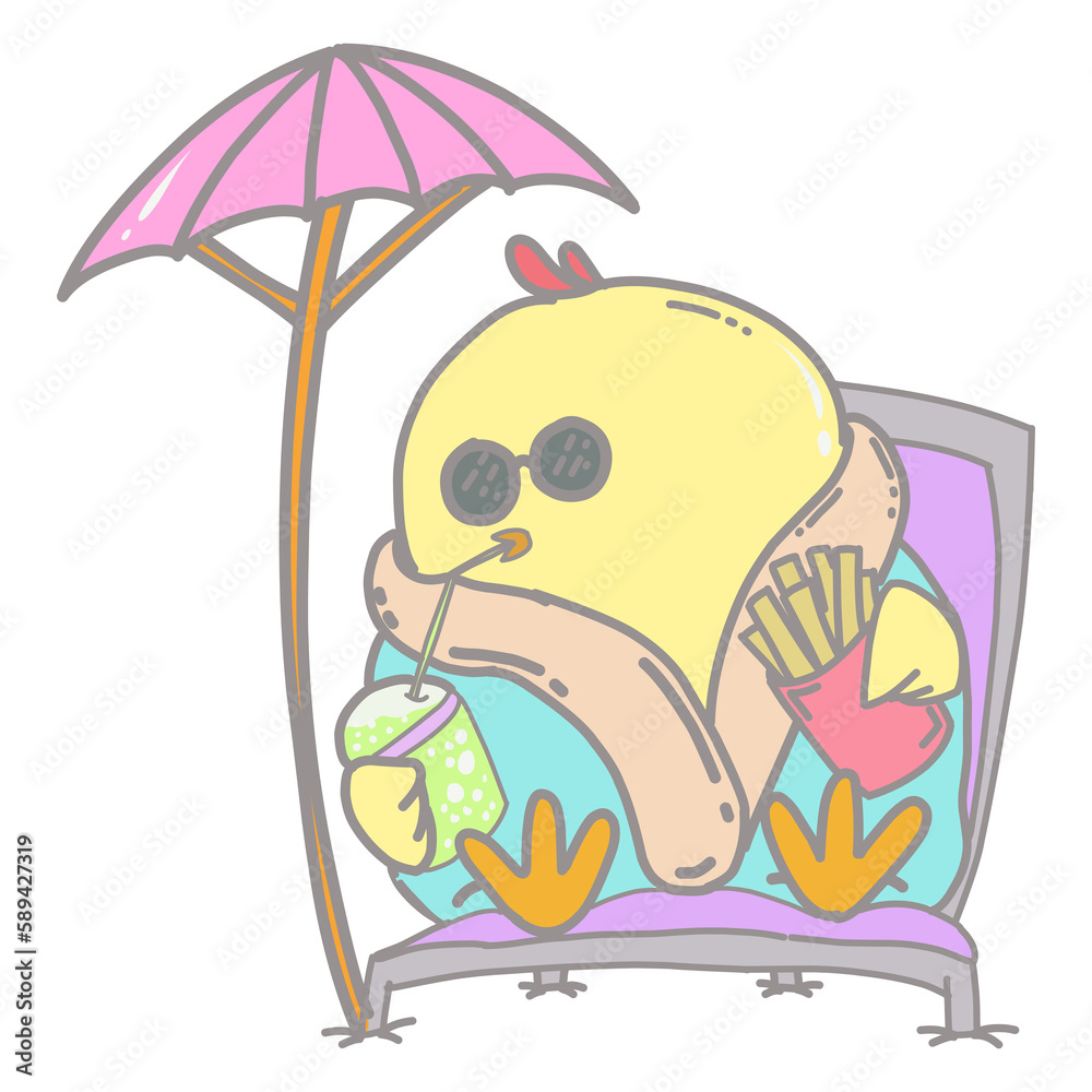 Fototapeta premium Illustration of cute yellow chick cartoon, sunbathing on the beach